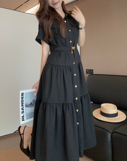 C*♥2025 new gold button lapel waisted dress