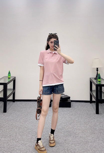 P 2025 new product Fake two-piece 𝑝𝑜𝑙𝑜 shirt