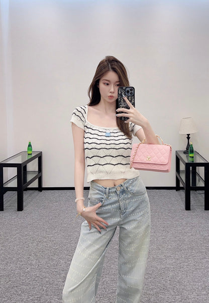 C 2025 new product Hollow knitted short sleeves