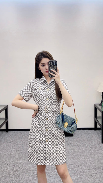 L 2025 new product Printed belt denim dress