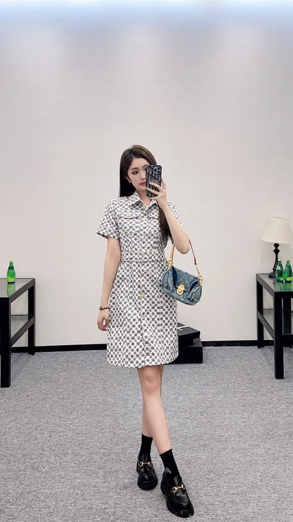 L 2025 new product Printed belt denim dress