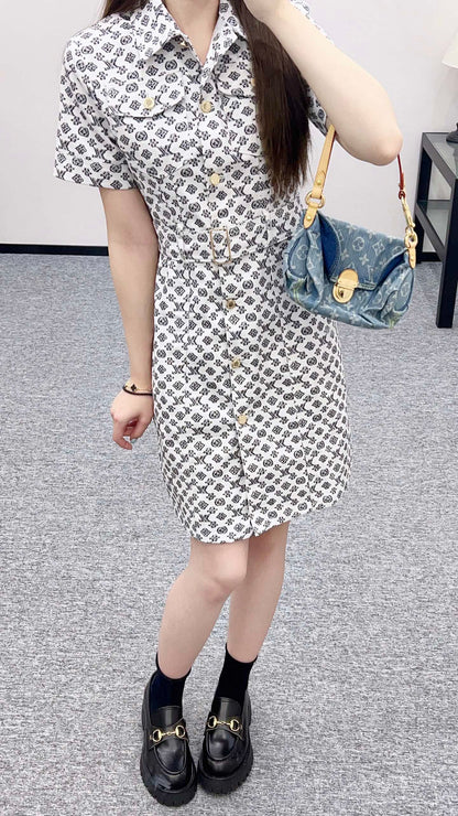 L 2025 new product Printed belt denim dress