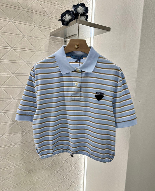 P 2025 new product Lapel striped short-sleeved top