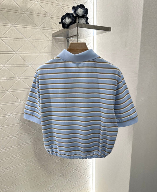 P 2025 new product Lapel striped short-sleeved top