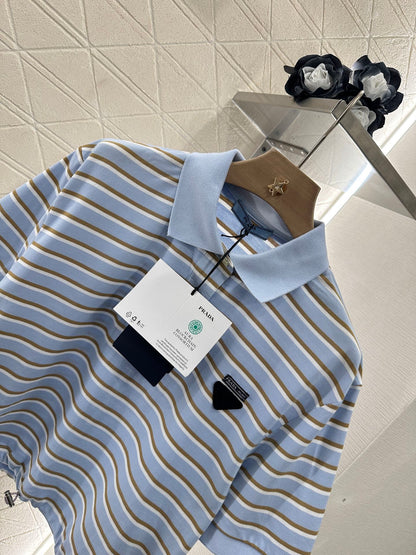 P 2025 new product Lapel striped short-sleeved top