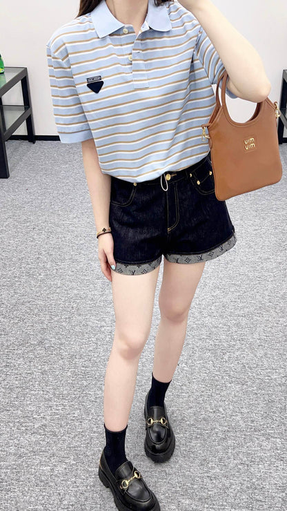 P 2025 new product Lapel striped short-sleeved top
