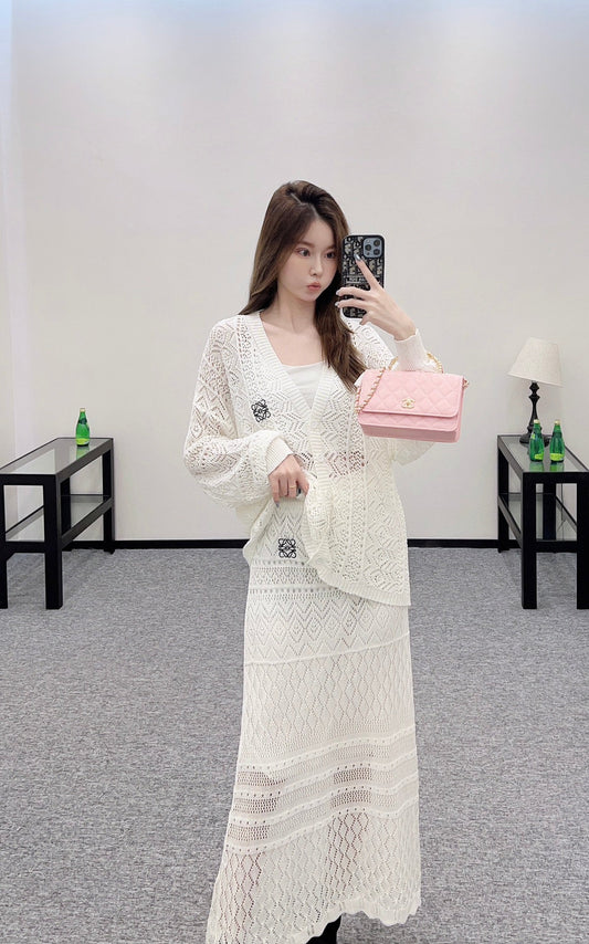 Lo 2025 new product Hollow cardigan and skirt set