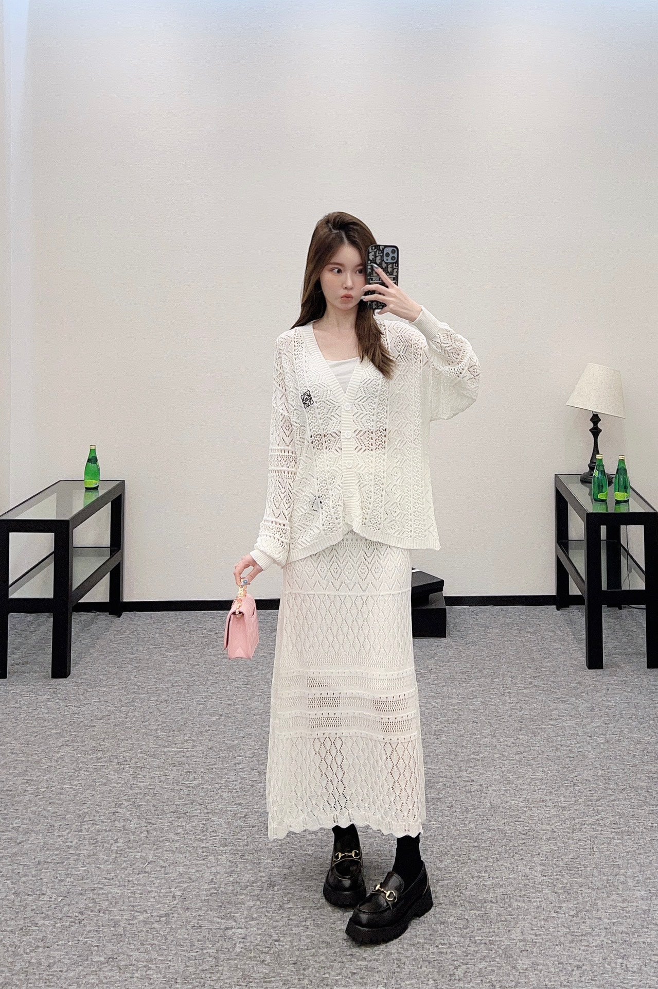 Lo 2025 new product Hollow cardigan and skirt set