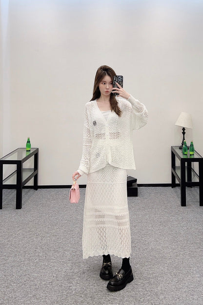 Lo 2025 new product Hollow cardigan and skirt set