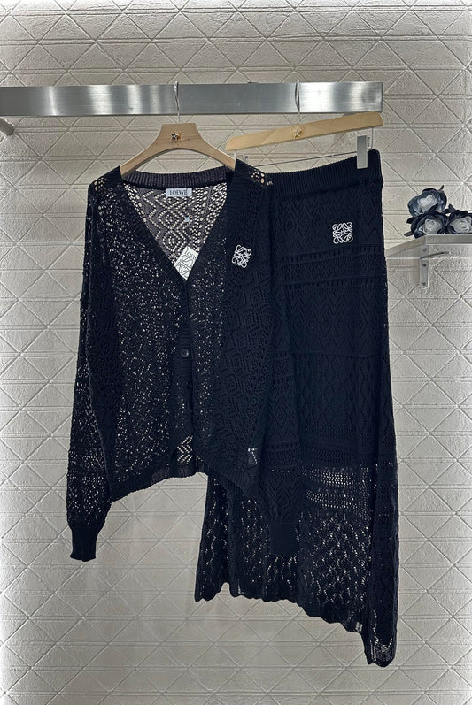 Lo 2025 new product Hollow cardigan and skirt set