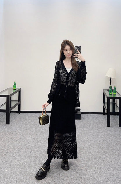Lo 2025 new product Hollow cardigan and skirt set