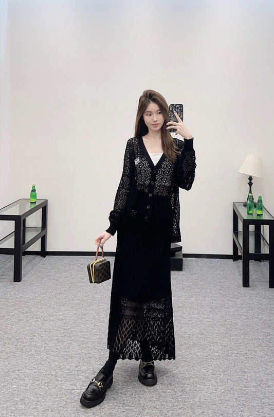 Lo 2025 new product Hollow cardigan and skirt set