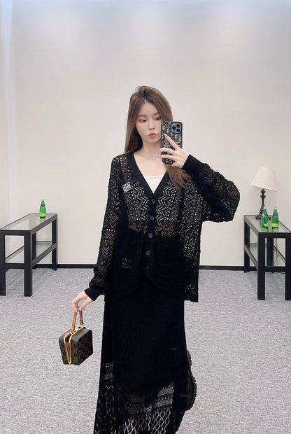 Lo 2025 new product Hollow cardigan and skirt set