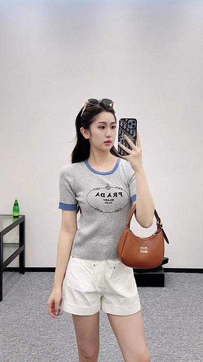 P 2025 new product Embroidered knitted short sleeves