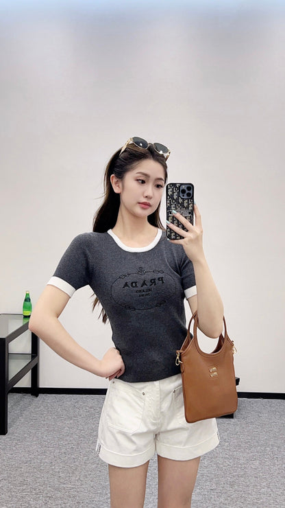 P 2025 new product Embroidered knitted short sleeves