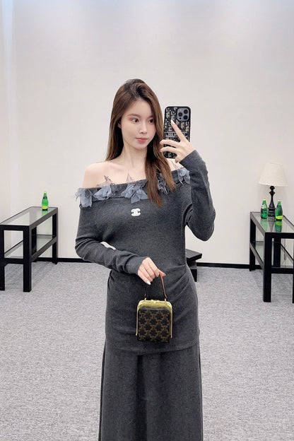 C 2025 New Arrival Knitted Long-Sleeved Skirt Set