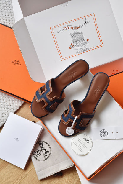 He 25 Cowboy canvas+cowhide high-heeled sandals (4.5cm)