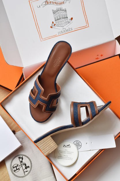 He 25 Cowboy canvas+cowhide high-heeled sandals (4.5cm)