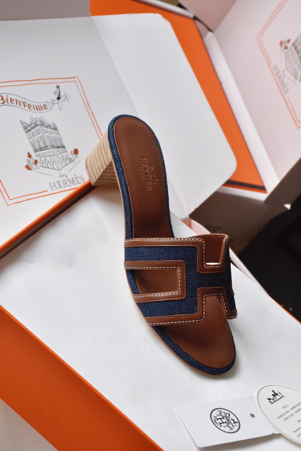 He 25 Cowboy canvas+cowhide high-heeled sandals (4.5cm)