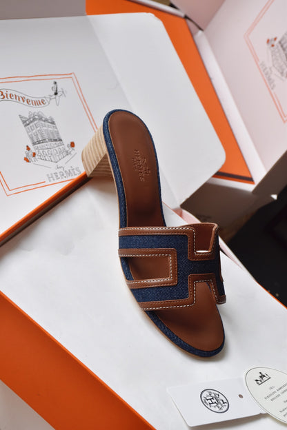 He 25 Cowboy canvas+cowhide high-heeled sandals (4.5cm)