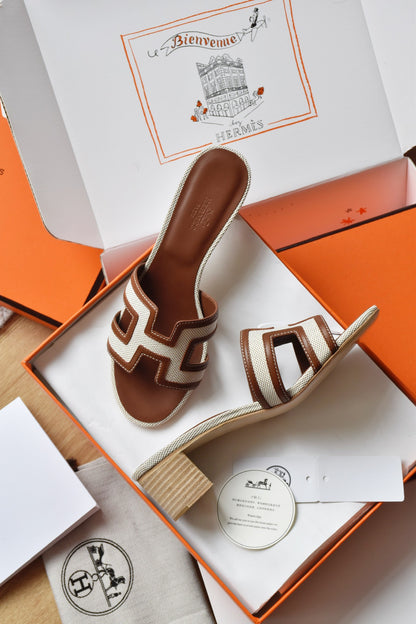 He 25 Cowboy canvas+cowhide high-heeled sandals (4.5cm)