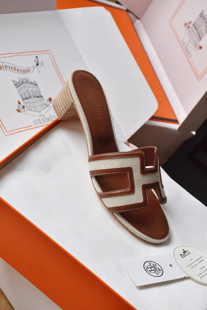 He 25 Cowboy canvas+cowhide high-heeled sandals (4.5cm)