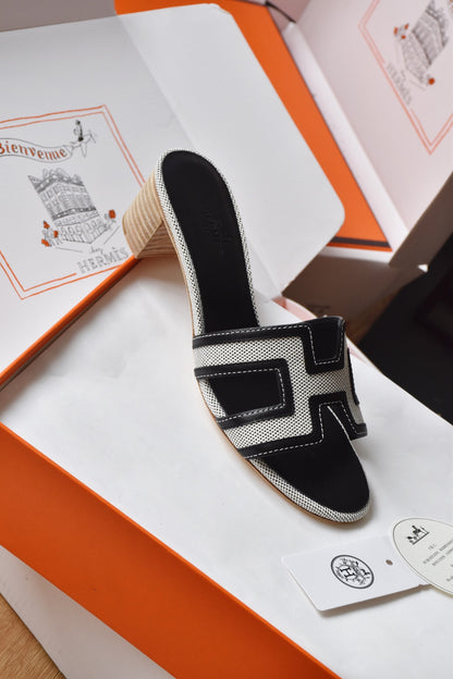 He 25 Cowboy canvas+cowhide high-heeled sandals (4.5cm)