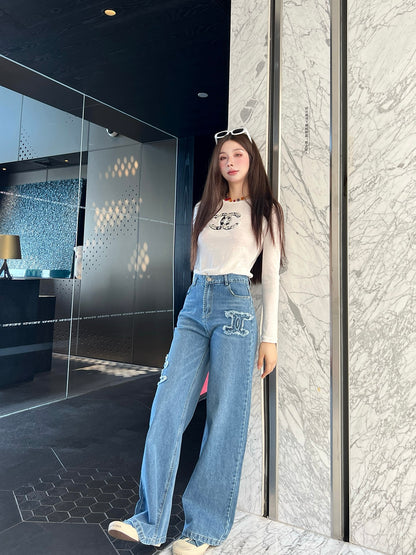 C 25fw Logo patch denim straight-leg pants