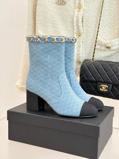 C 25Bfw Runway Style Diamond Chain High Heel Ankle Boots (DARK BLUE/BLUE)