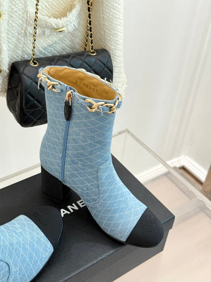 C 25Bfw Runway Style Diamond Chain High Heel Ankle Boots (DARK BLUE/BLUE)