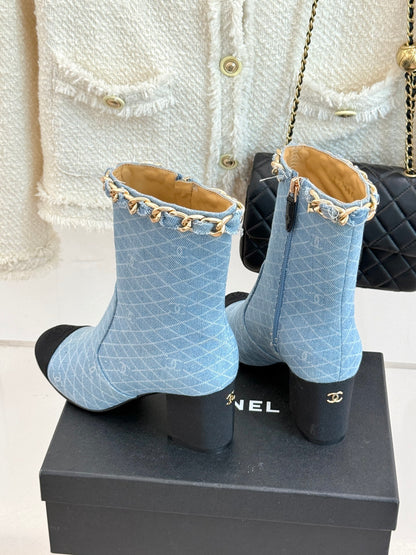 C 25Bfw Runway Style Diamond Chain High Heel Ankle Boots (DARK BLUE/BLUE)