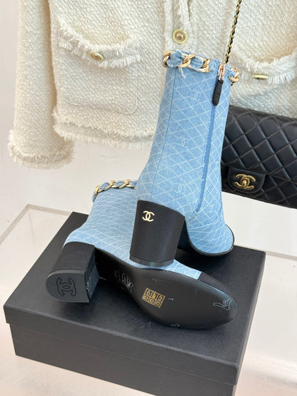 C 25Bfw Runway Style Diamond Chain High Heel Ankle Boots (DARK BLUE/BLUE)