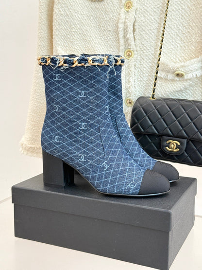 C 25Bfw Runway Style Diamond Chain High Heel Ankle Boots (DARK BLUE/BLUE)