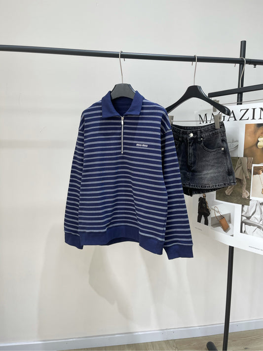 M 25 navy blue striped half-zip polo sweatshirt