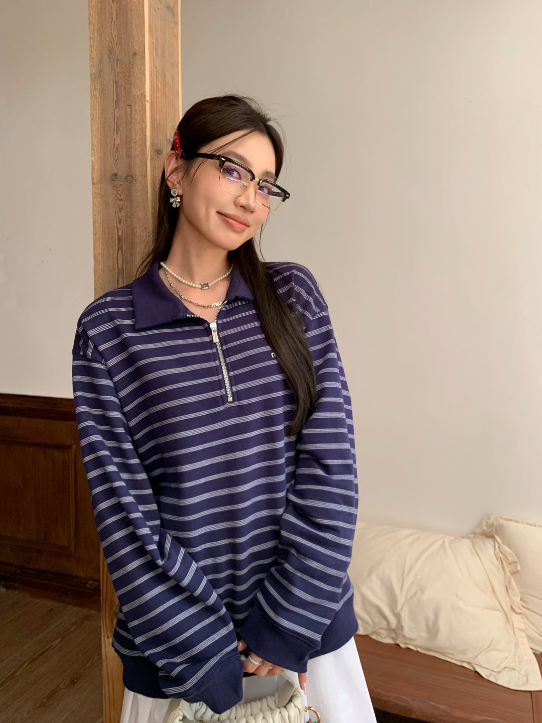M 25 navy blue striped half-zip polo sweatshirt
