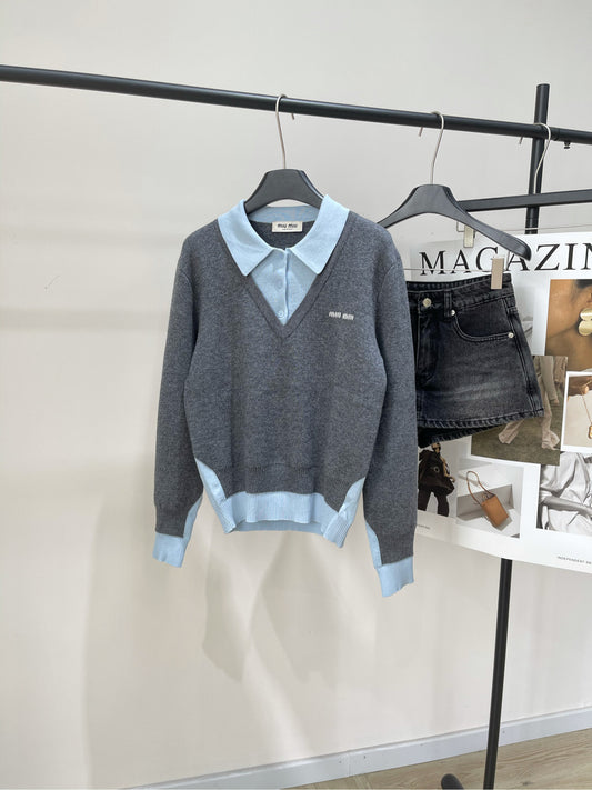 M 25 Gray and blue colorblock fake two-piece polo sweater