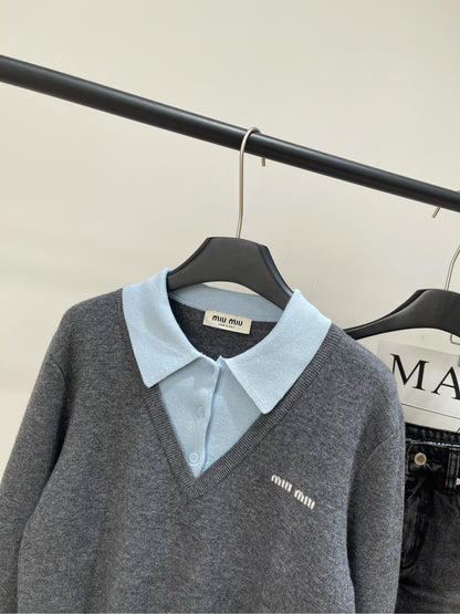 M 25 Gray and blue colorblock fake two-piece polo sweater