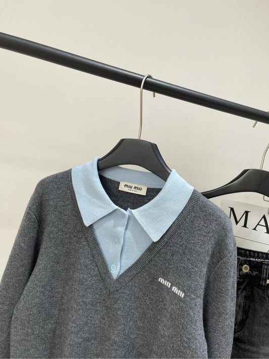M 25 Gray and blue colorblock fake two-piece polo sweater