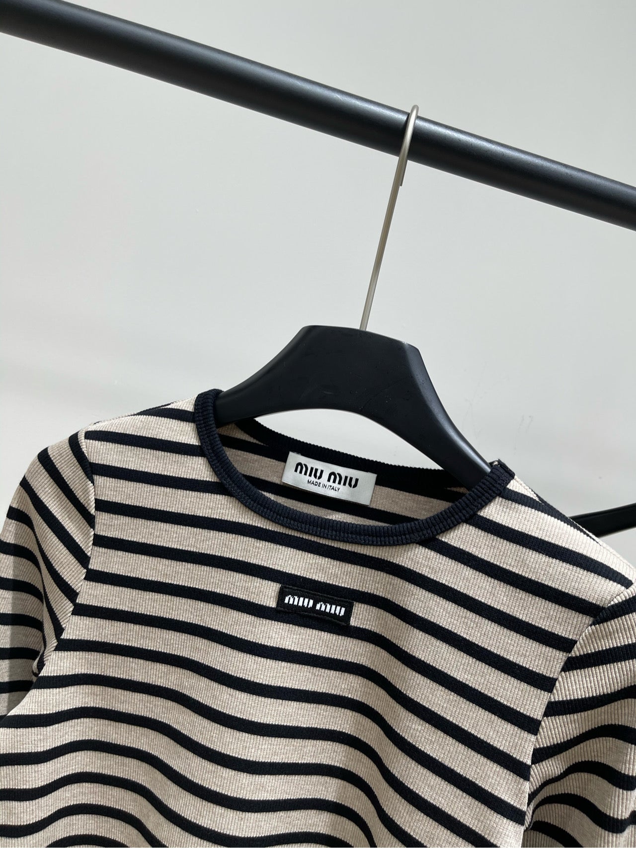 M 25 Beige and black striped round neck three-quarter sleeve top
