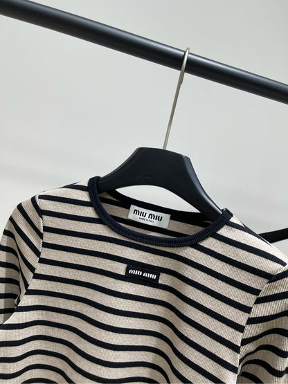 M 25 Beige and black striped round neck three-quarter sleeve top