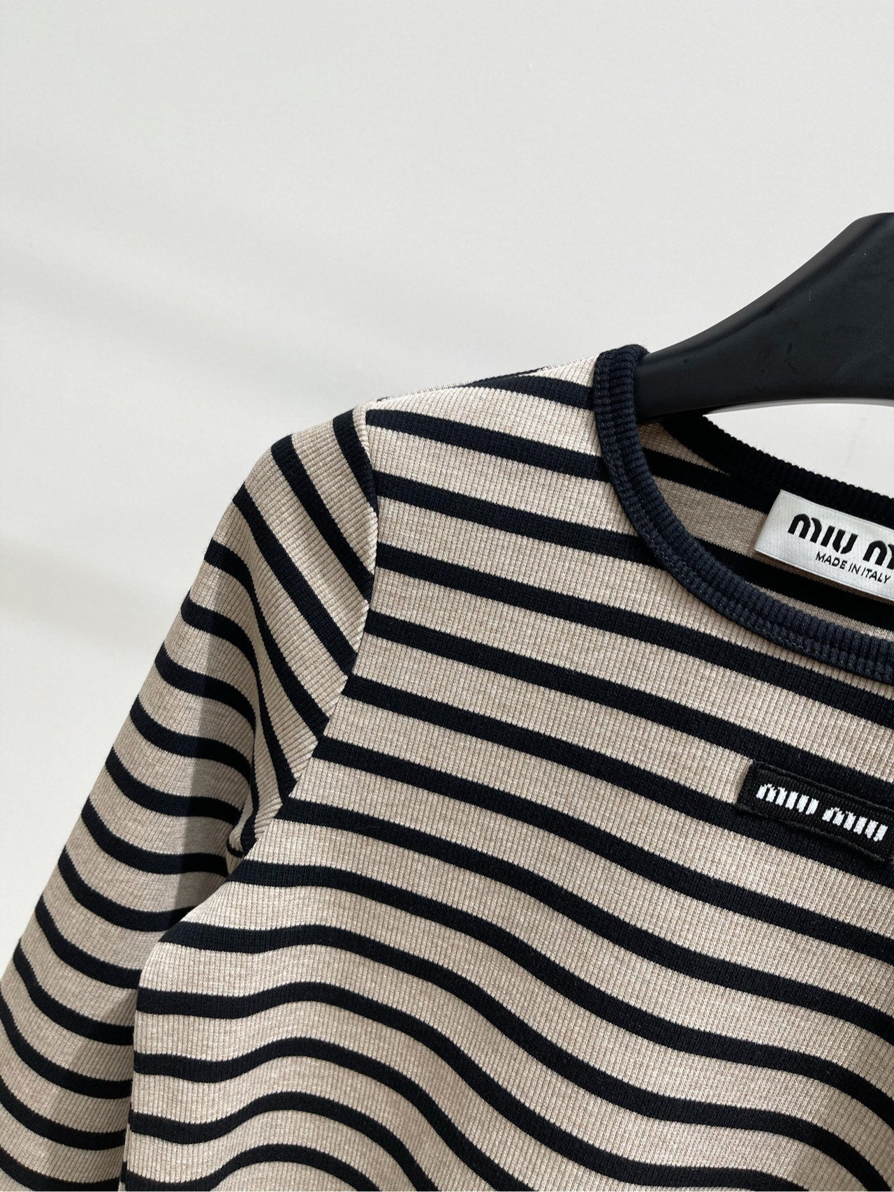 M 25 Beige and black striped round neck three-quarter sleeve top
