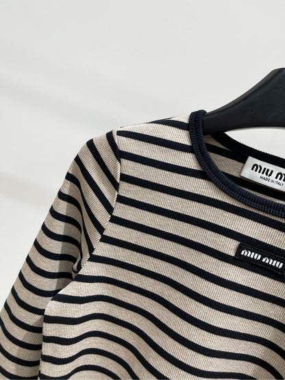 M 25 Beige and black striped round neck three-quarter sleeve top