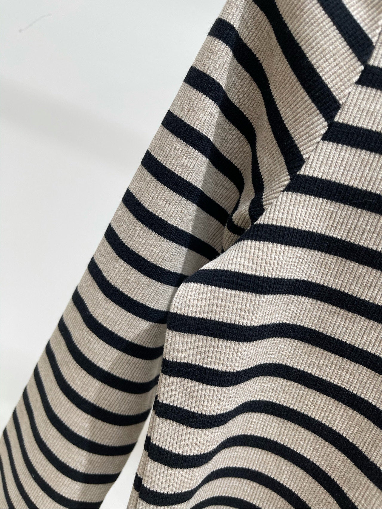 M 25 Beige and black striped round neck three-quarter sleeve top