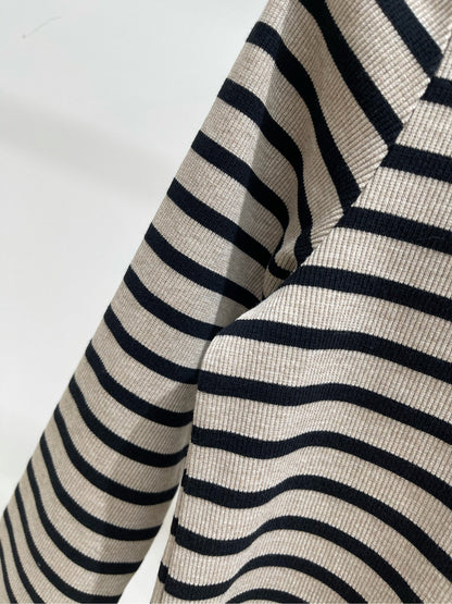 M 25 Beige and black striped round neck three-quarter sleeve top