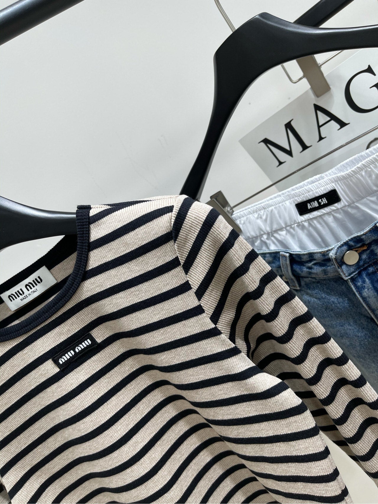 M 25 Beige and black striped round neck three-quarter sleeve top