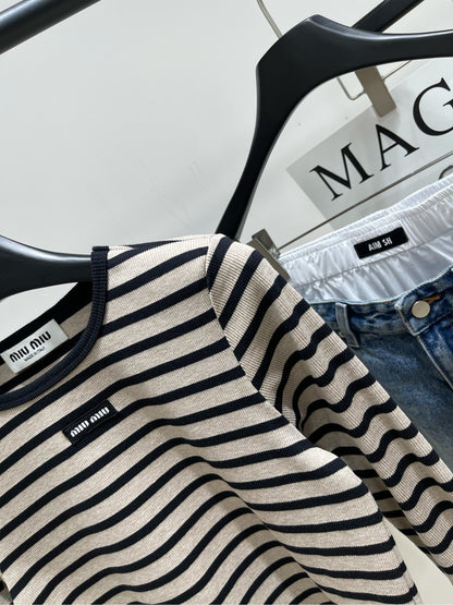 M 25 Beige and black striped round neck three-quarter sleeve top