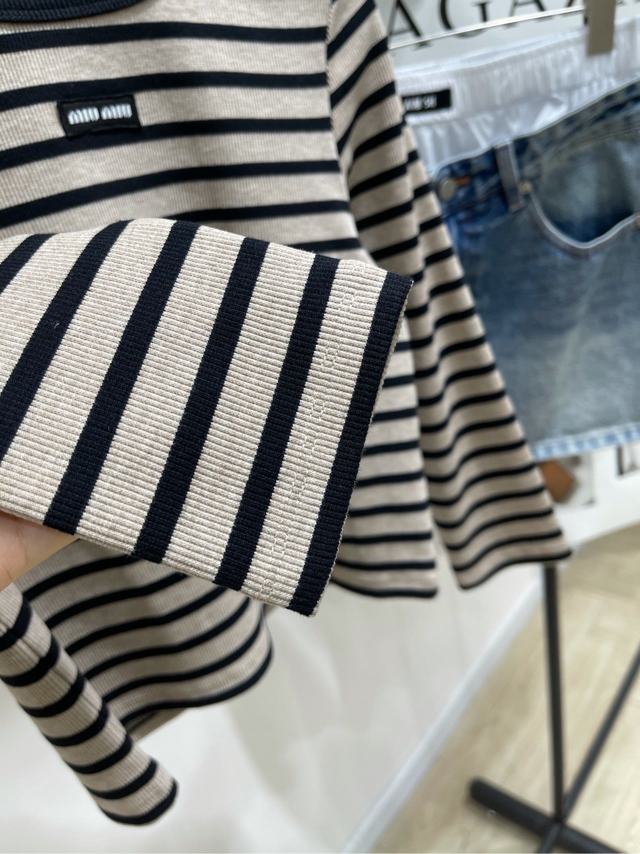 M 25 Beige and black striped round neck three-quarter sleeve top