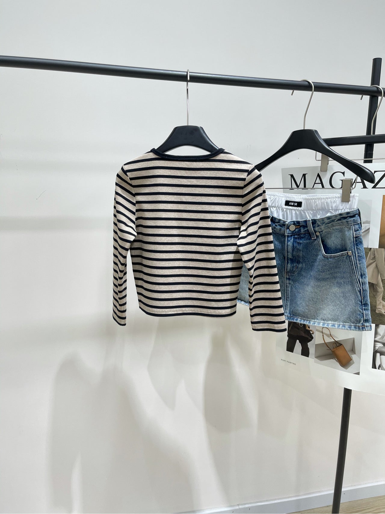 M 25 Beige and black striped round neck three-quarter sleeve top
