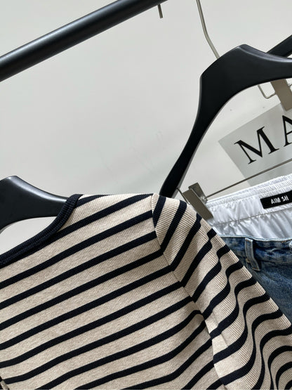 M 25 Beige and black striped round neck three-quarter sleeve top