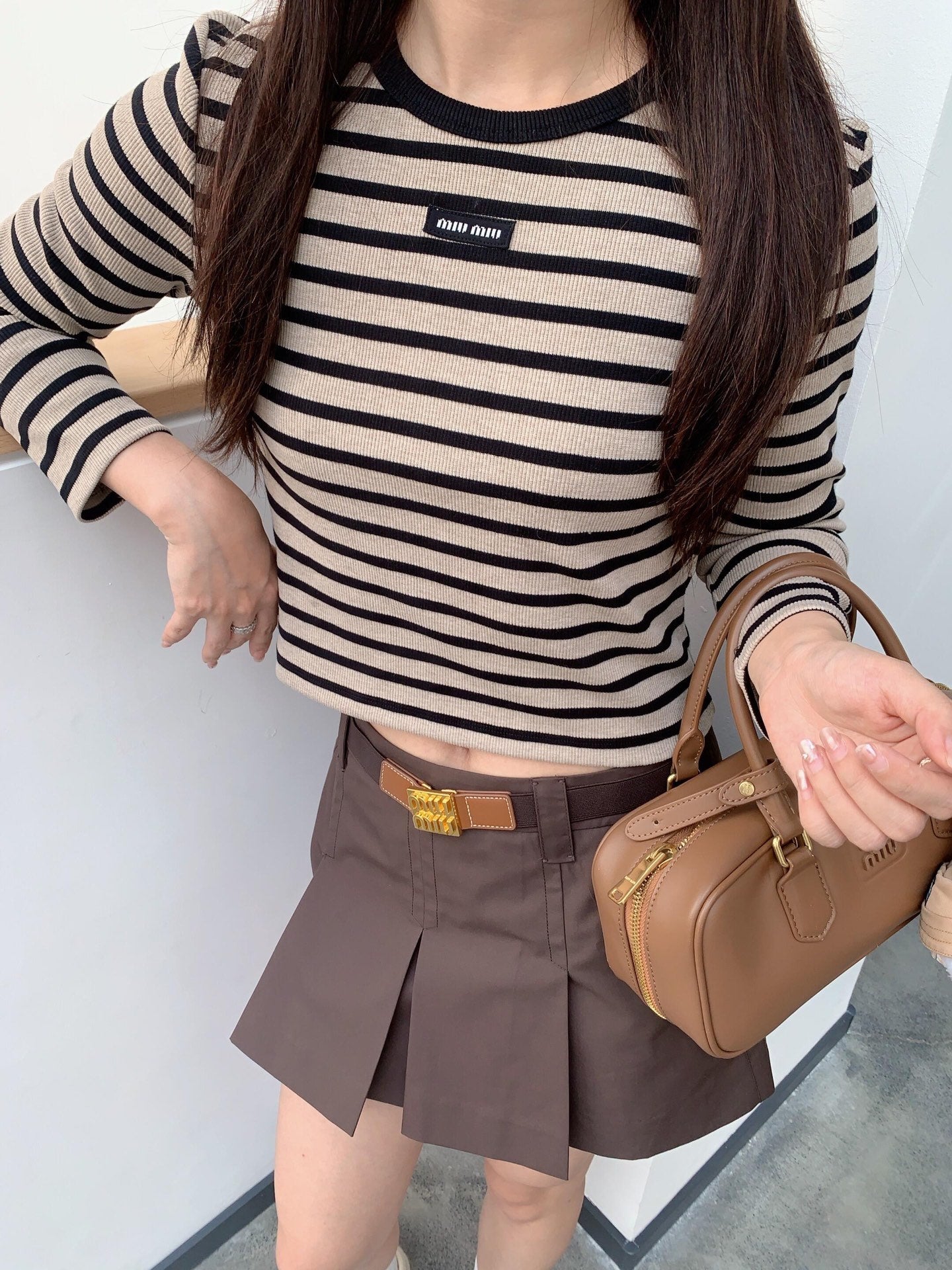 M 25 Beige and black striped round neck three-quarter sleeve top